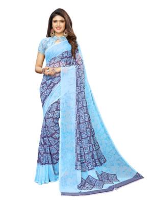 Blue Printed Georgette Saree With Blouse 1