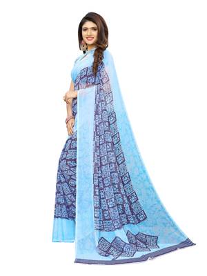 Blue Printed Georgette Saree With Blouse 2