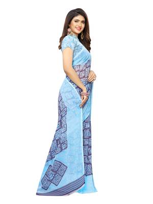 Blue Printed Georgette Saree With Blouse 3