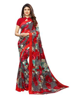 Grey printed georgette saree with blouse 1