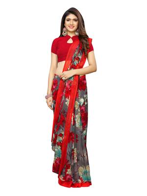 Grey printed georgette saree with blouse 3