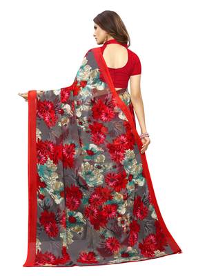 Grey printed georgette saree with blouse 4
