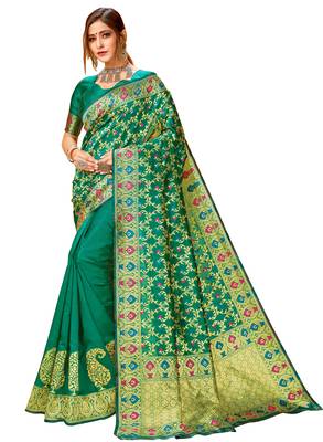 Green woven cotton saree with blouse 1