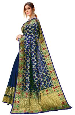 Navy blue woven cotton saree with blouse 1