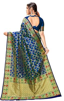 Navy blue woven cotton saree with blouse 3