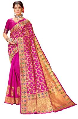 Pink woven cotton saree with blouse 1