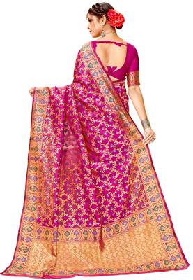 Pink woven cotton saree with blouse 3