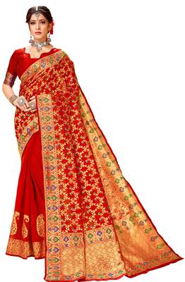 Red woven cotton saree with blouse 1