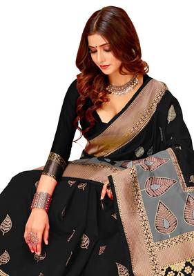 Black woven cotton saree with blouse 4