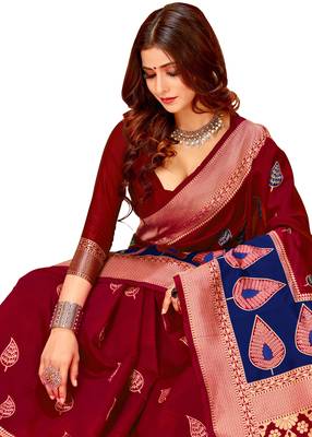 Maroon woven cotton saree with blouse 4