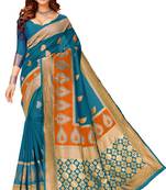 Turquoise woven cotton saree with blouse