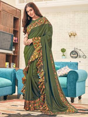 Green plain silk saree with blouse 1