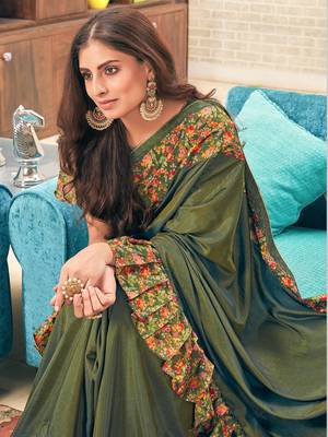 Green plain silk saree with blouse 2