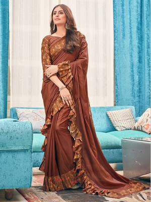 Brown plain silk saree with blouse 1