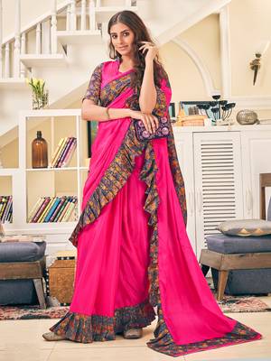 Pink plain silk saree with blouse 1