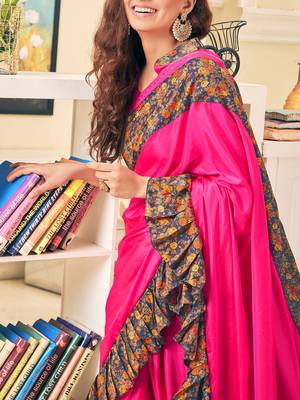 Pink plain silk saree with blouse 2