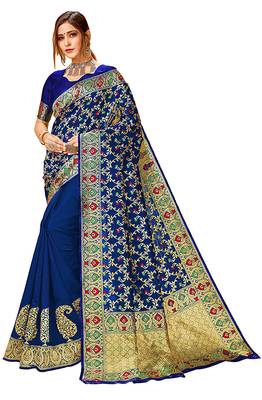 Navy blue woven cotton saree with blouse 2