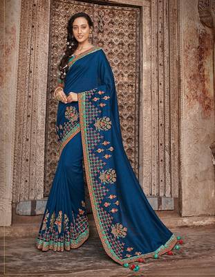 Blue embroidered dupion silk saree with blouse 1