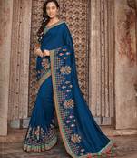 Blue embroidered dupion silk saree with blouse