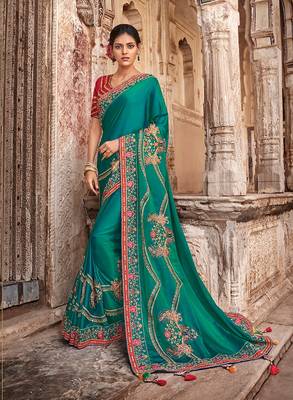 Blue embroidered dupion silk saree with blouse 1