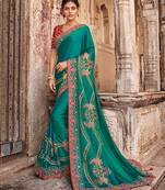 Blue embroidered dupion silk saree with blouse