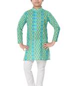 Green printed cotton poly boys-kurta-pyjama