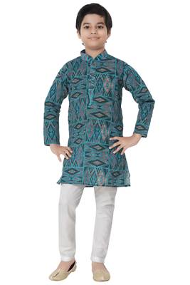 Green printed cotton poly boys-kurta-pyjama 1