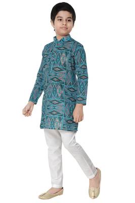 Green printed cotton poly boys-kurta-pyjama 3