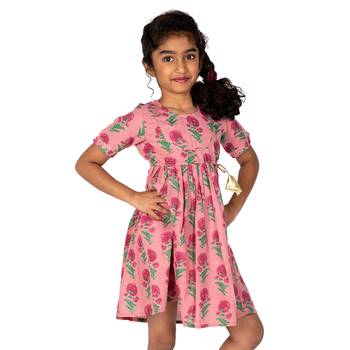 Pink Printed Cotton Kids Frocks 1
