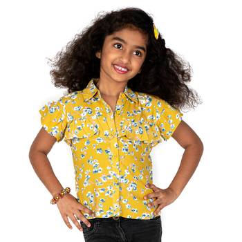 Yellow Printed Cotton Kids Tops 1