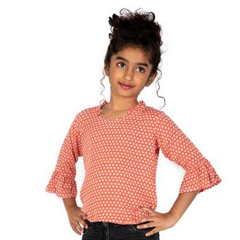 Orange Printed Cotton Kids Tops 1