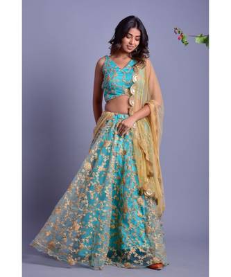 AQUA BUE LEHENGA SET WITH GOLDEN DUPATTA 1