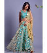 AQUA BUE LEHENGA SET WITH GOLDEN DUPATTA