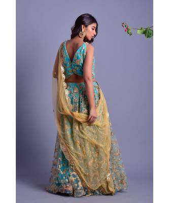 AQUA BUE LEHENGA SET WITH GOLDEN DUPATTA 4