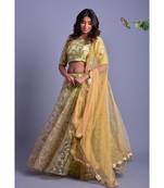 Pista green net lehenga set with golden blouse
