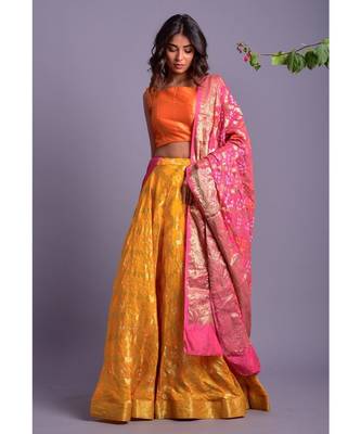 yellow woven silk readymade-lehenga-cholis 1