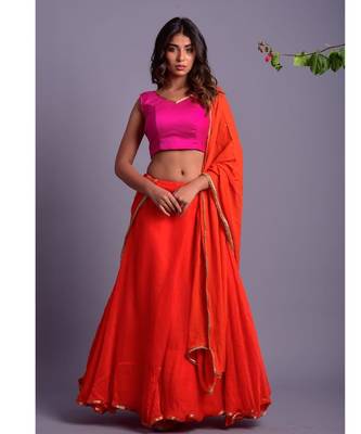 ORANGE LEHERIYA LEHENGA SET WITH MAGENTA BLOUSE 1