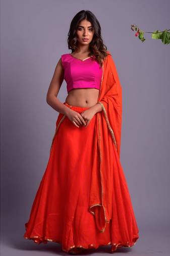 ORANGE LEHERIYA LEHENGA SET WITH MAGENTA BLOUSE