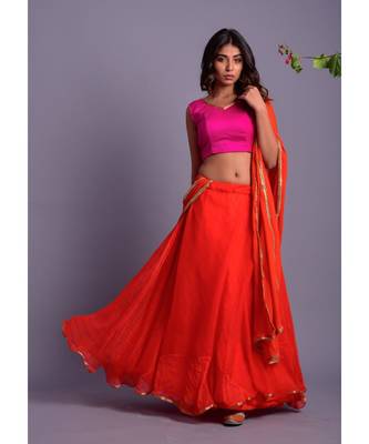 ORANGE LEHERIYA LEHENGA SET WITH MAGENTA BLOUSE 2