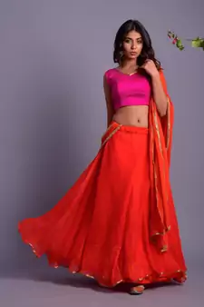 ORANGE LEHERIYA LEHENGA SET WITH MAGENTA BLOUSE