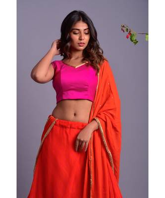 ORANGE LEHERIYA LEHENGA SET WITH MAGENTA BLOUSE 4