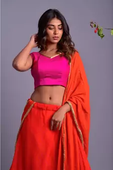 ORANGE LEHERIYA LEHENGA SET WITH MAGENTA BLOUSE