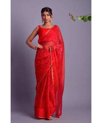 red printed bandhej chiffon saree with blouse 1