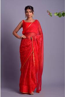 red printed bandhej chiffon saree with blouse