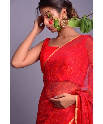 red printed bandhej chiffon saree with blouse 3