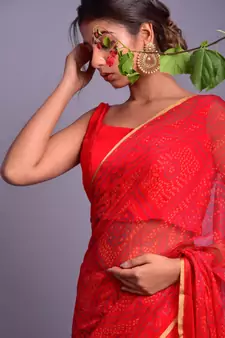red printed bandhej chiffon saree with blouse