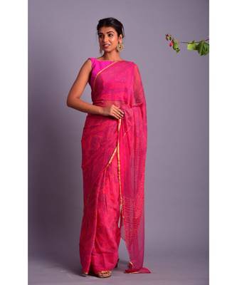 pink printed bandhej chiffon saree with blouse 1