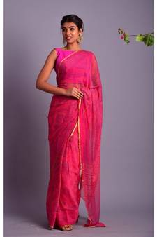 pink printed bandhej chiffon saree with blouse