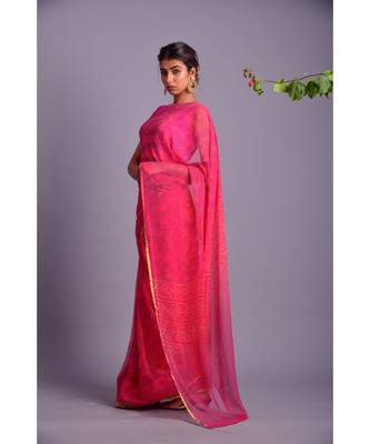 pink printed bandhej chiffon saree with blouse 2