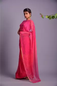 pink printed bandhej chiffon saree with blouse